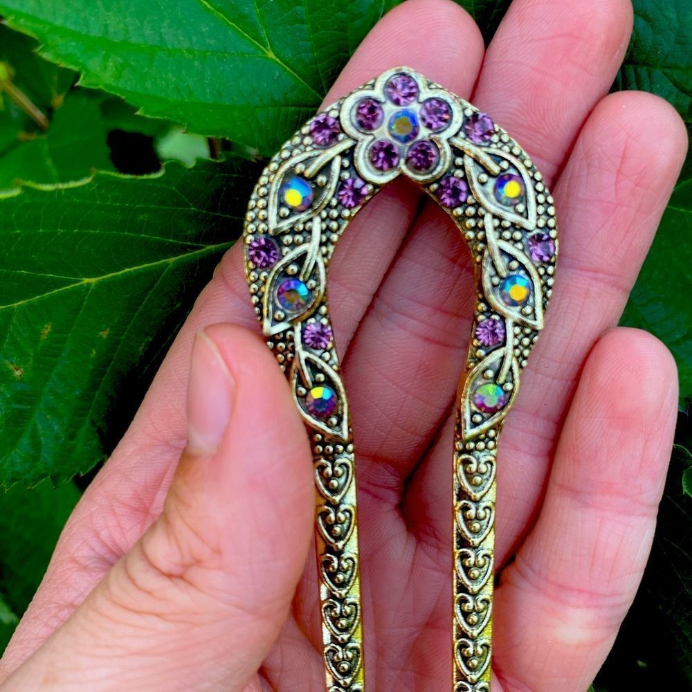 Vintage inspired Hairpin Purple Floral Jewel, multicolor jewel accents Gold Tone